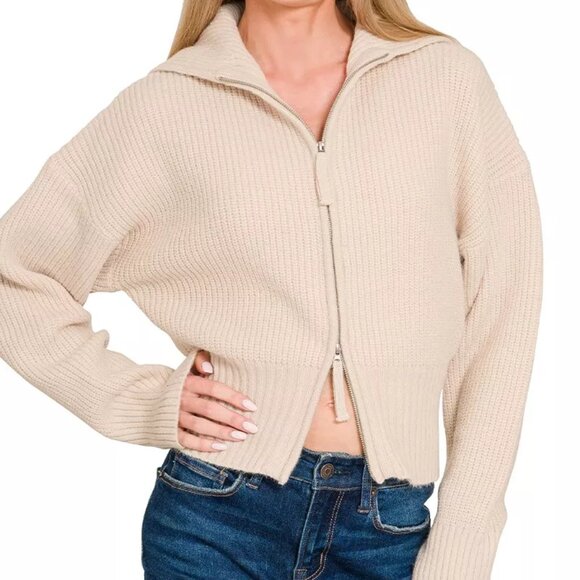 Zenana Ribbed Collared Zip Up Sweater Cardigan - Picture 1 of 9
